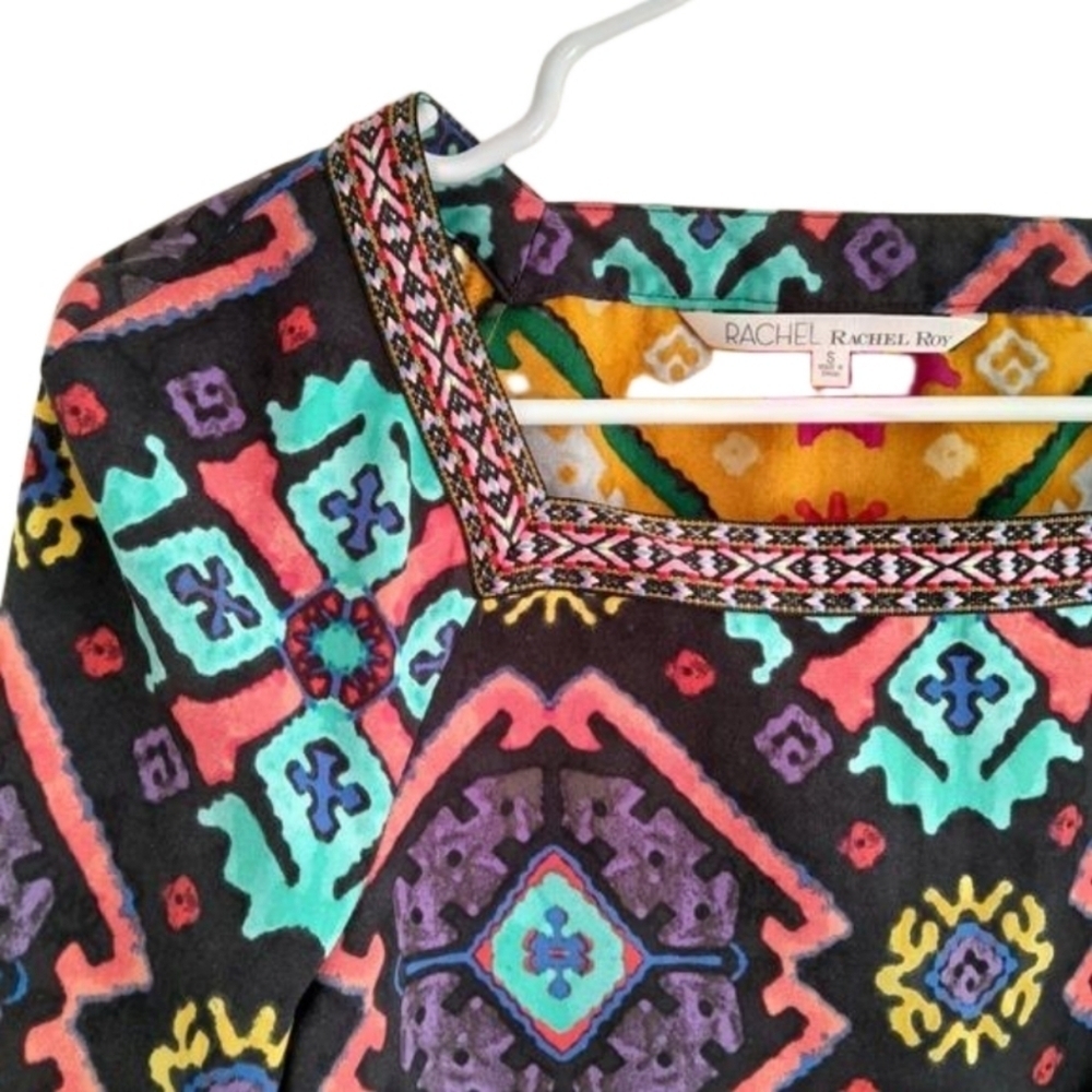 RACHEL ROY Multi print Festive Boho Long slv Braided Trim LIKE New Sz S - Picture 4 of 14